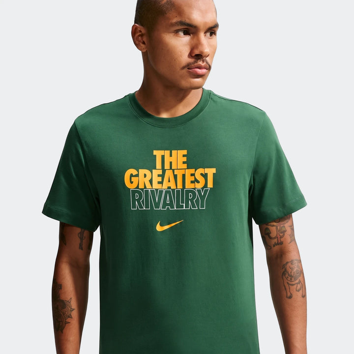 2026 Nike Springboks Rugby’s Greatest Rivalry Tour men’s dark green short-sleeve t-shirt, worn by a model.