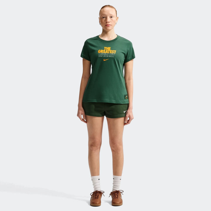 A female model wearing a dark green 2026 Nike Springboks Rugby'S Greatest Rivalry Tour women's t-shirt and matching shorts.