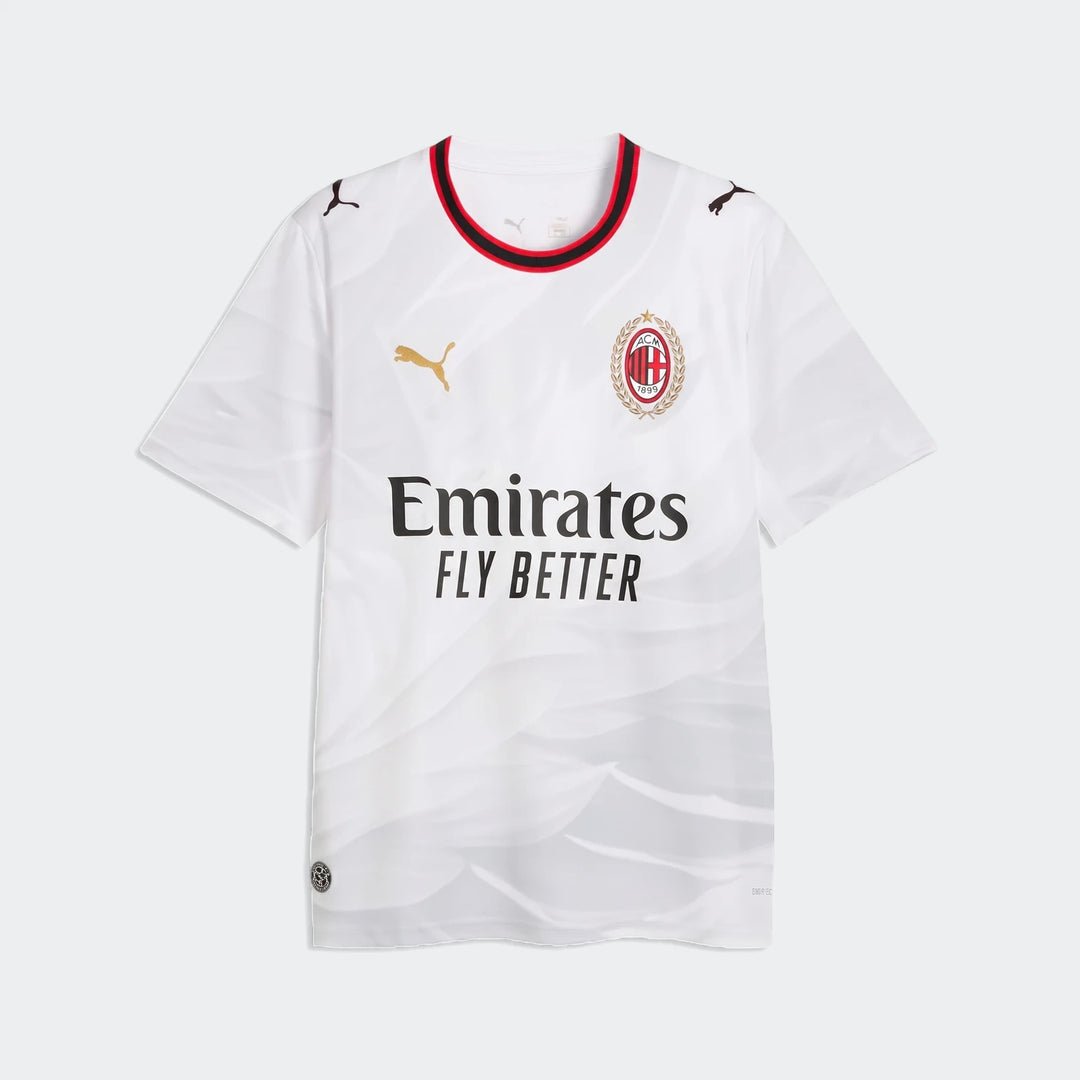AC Milan 26/27 Away Jersey for men in white with gold Puma logo and red and black collar trim, displayed flat.