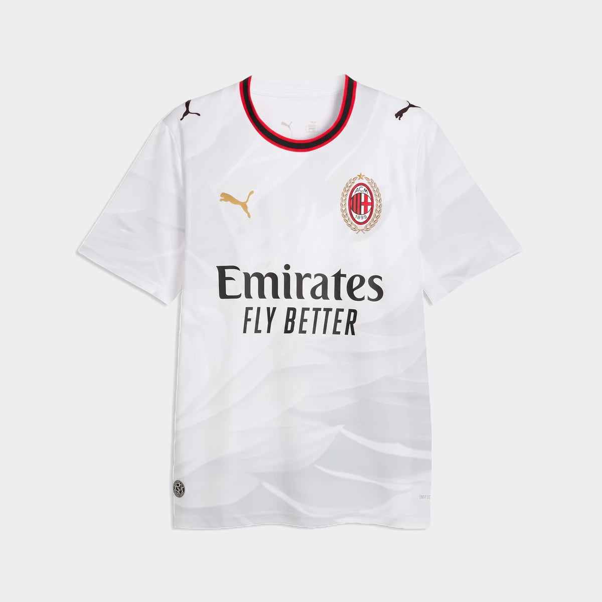 AC Milan 26/27 Away Jersey for men in white with gold Puma logo and red and black collar trim, displayed flat.