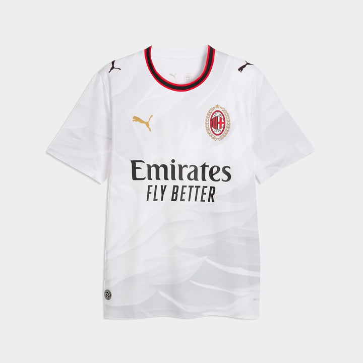 AC Milan 26/27 Away Jersey for men in white with gold Puma logo and red and black collar trim, displayed flat.