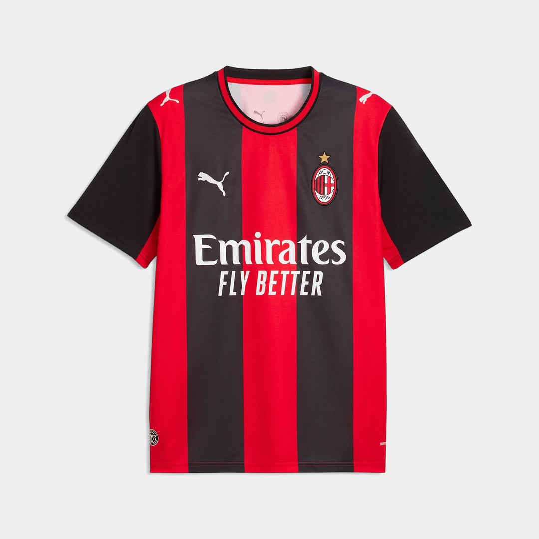 Ac Milan 26/27 Home Jersey for men, featuring red and black stripes, short sleeves, and prominent sponsor logos.