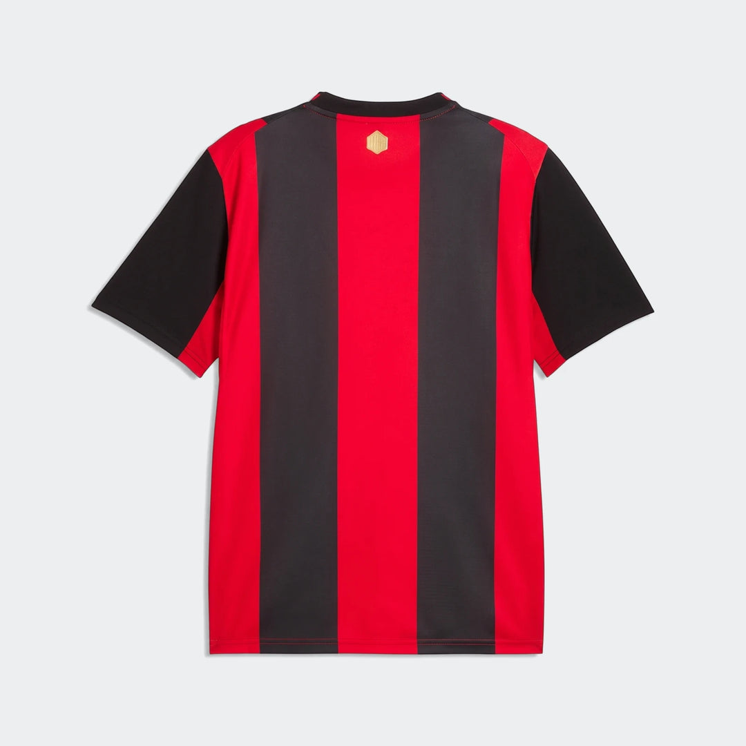 Back view of the Ac Milan 26/27 Home Jersey for men, featuring prominent red and black vertical stripes and short sleeves.