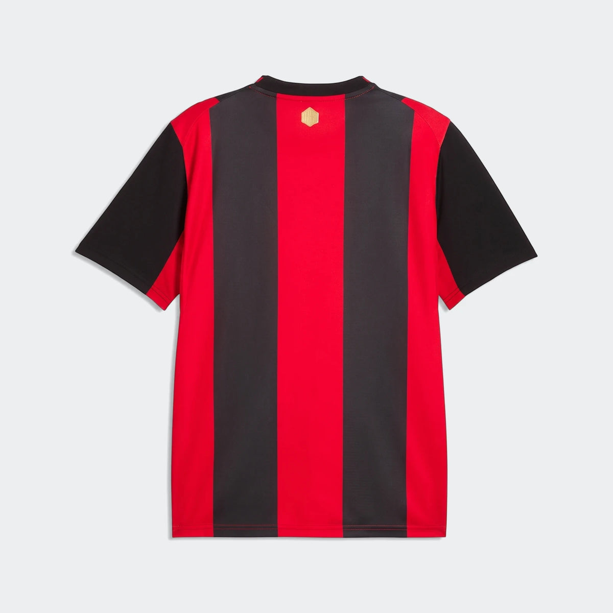 Back view of the Ac Milan 26/27 Home Jersey for men, featuring prominent red and black vertical stripes and short sleeves.