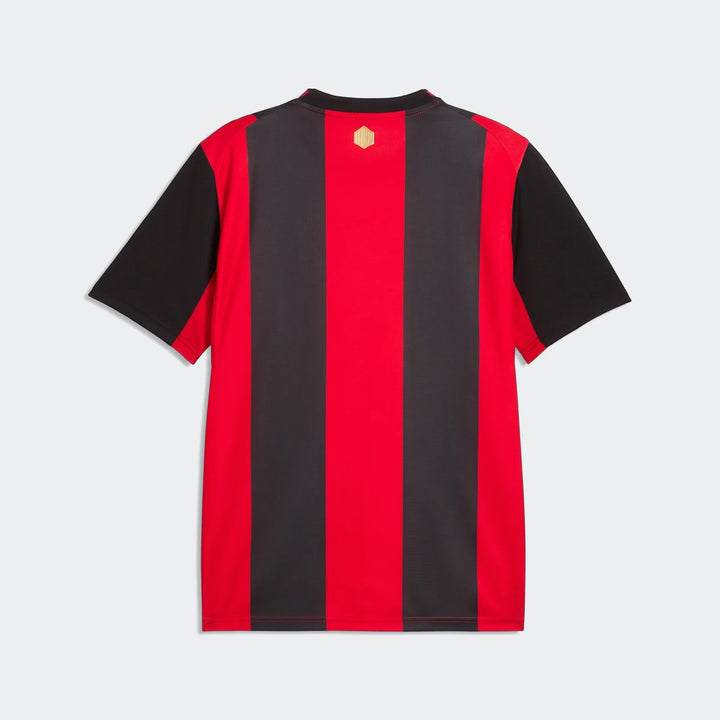 Back view of the Ac Milan 26/27 Home Jersey for men, featuring prominent red and black vertical stripes and short sleeves.