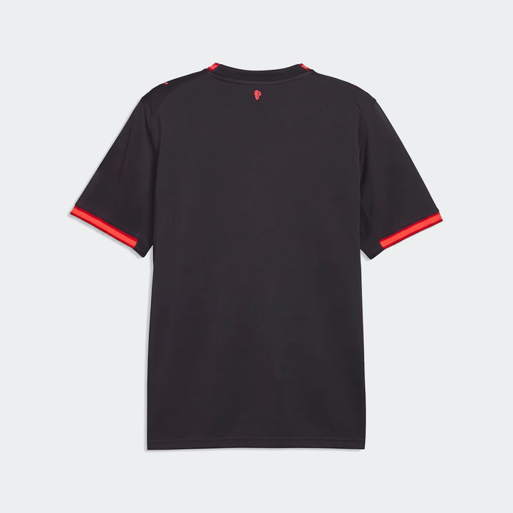 Ac Milan 26/27 Third Jersey for men, featuring a black design with red trim on the collar and cuffs, shown from the back.