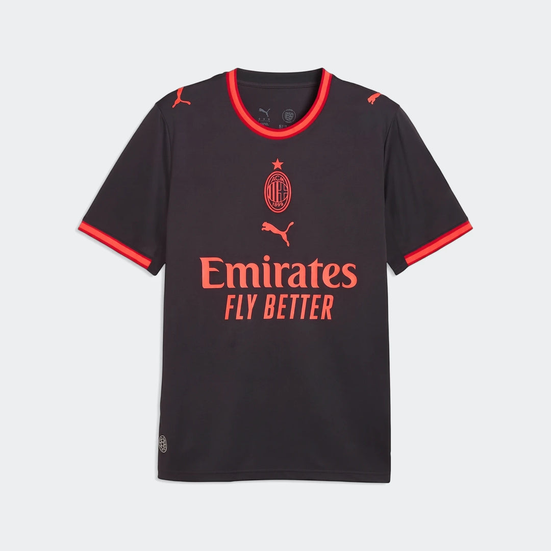 AC Milan 26/27 Third Jersey for men in dark grey with red trim, featuring sponsor and club logos, presented flat-lay.