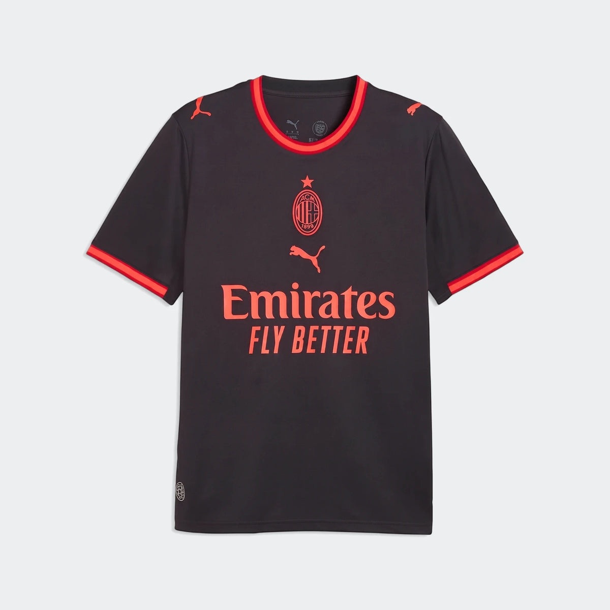 AC Milan 26/27 Third Jersey for men in dark grey with red trim, featuring sponsor and club logos, presented flat-lay.