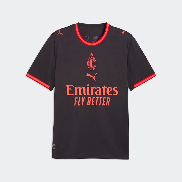 AC Milan 26/27 Third Jersey for men in dark grey with red trim, featuring sponsor and club logos, presented flat-lay.