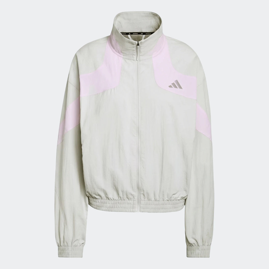 Adi365 Casual Jacket in grey with light pink accent panels, featuring a full-zip front, stand-up collar, and lightweight