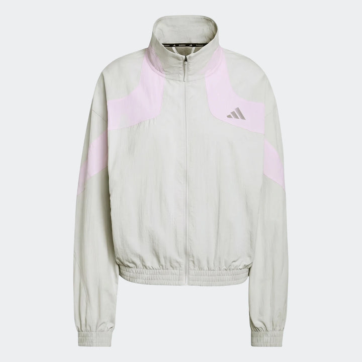 Adi365 Casual Jacket in grey with light pink accent panels, featuring a full-zip front, stand-up collar, and lightweight