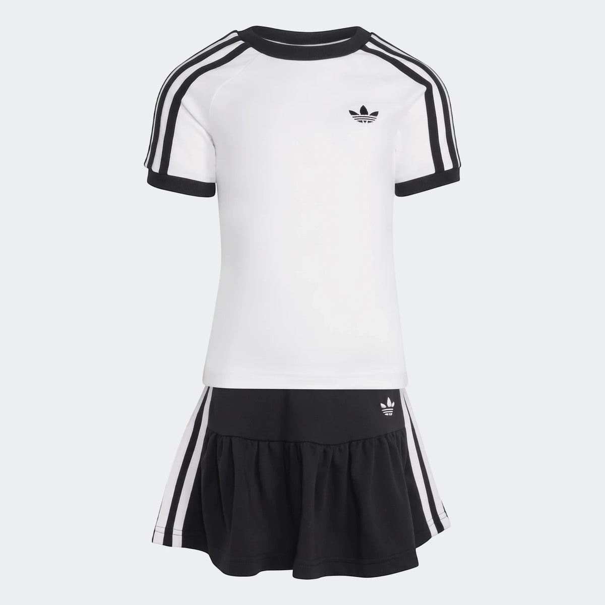 White and black Adidas 3-Stripes Skirt Short Tee Set for kids, featuring a short-sleeve t-shirt with a black logo and a