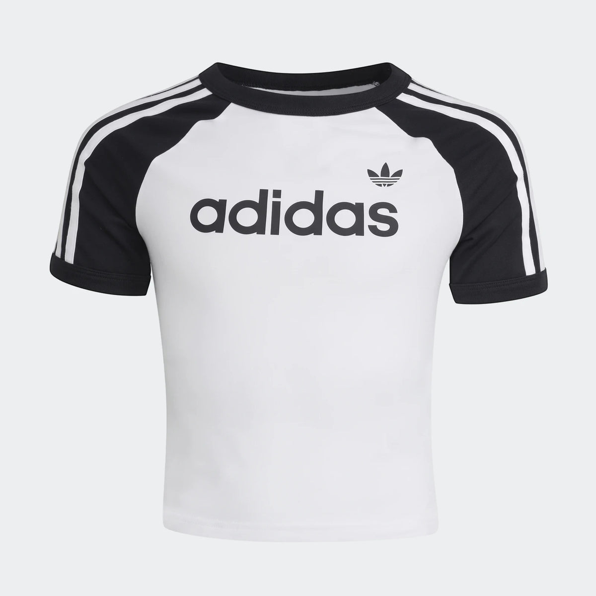 White and black Adidas 3 Stripes Slim T-Shirt with short raglan sleeves and iconic Trefoil logo on the chest.
