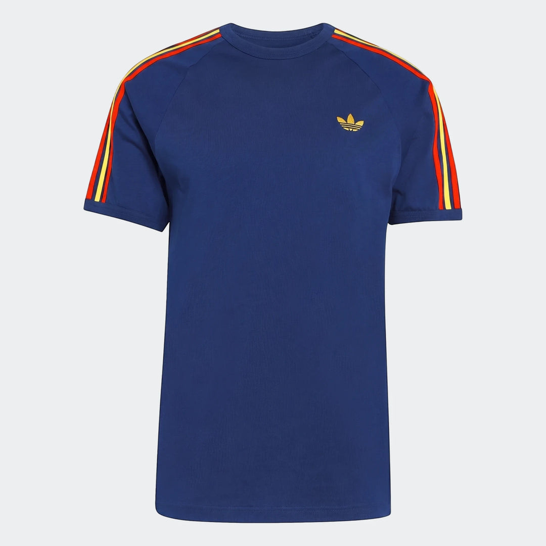 Front view of a navy blue Adidas 3-Stripes T-Shirt with red and yellow stripes on the shoulders and a gold Trefoil logo.