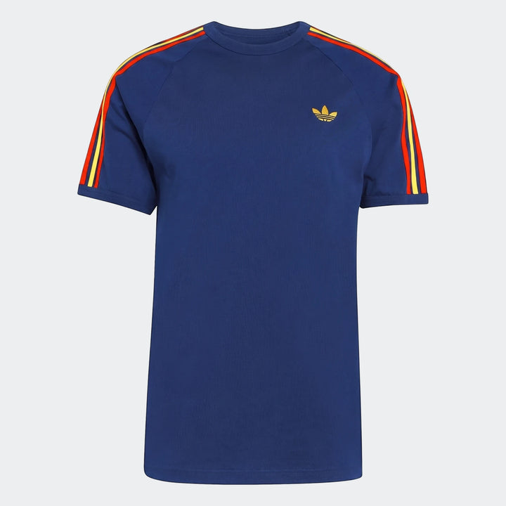 Front view of a navy blue Adidas 3-Stripes T-Shirt with red and yellow stripes on the shoulders and a gold Trefoil logo.