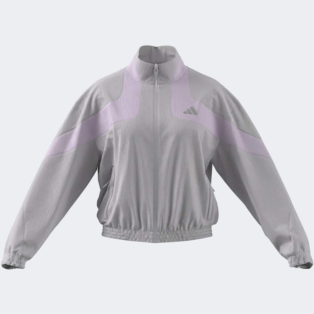 Adidas Adi365 Casual Jacket in light gray with light purple stripes, crinkled texture, full-zip, and ribbed trim, front view.