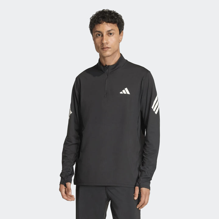 Men's black Adidas Adi365 full-zip long-sleeve sweatshirt with white logo details, shown on a model.
