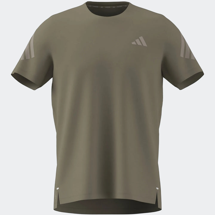 Olive green Adidas Adi365 short sleeve crew neck t-shirt with reflective details on a plain background, front view.