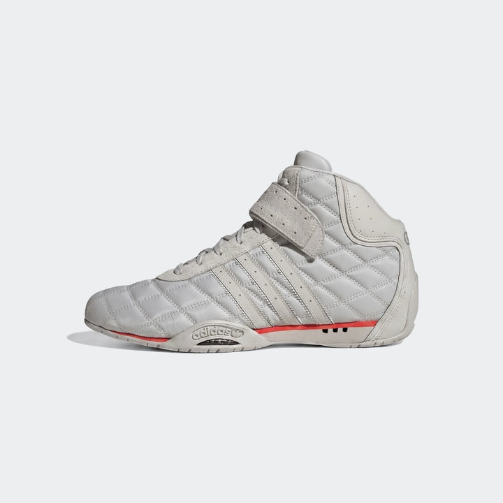 Off-white Adidas Adiracer Hi Audi Revolut F1 Team high-top shoes, featuring a quilted pattern and red accents, presented in