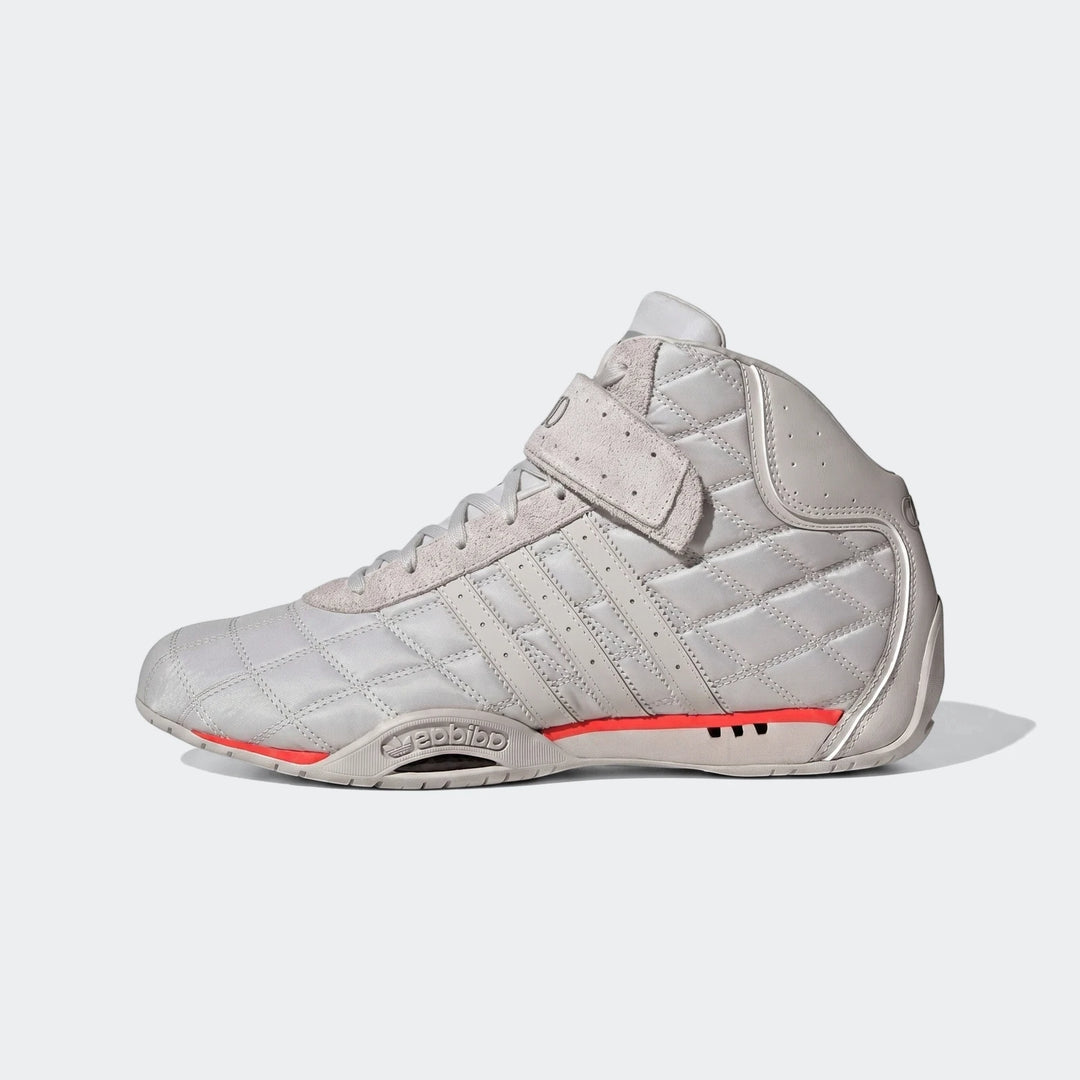 White and light gray Adidas Adiracer Hi Audi Revolut F1 Team shoes, presented in a side profile view, showcasing quilted