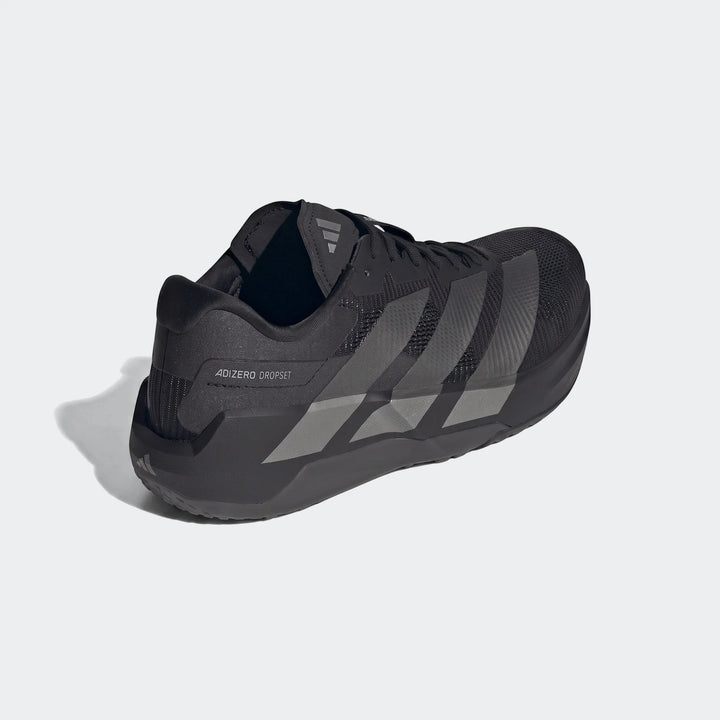 Black Adidas Adizero Dropset Pro men's training shoes, designed for performance, viewed from a three-quarter angle.