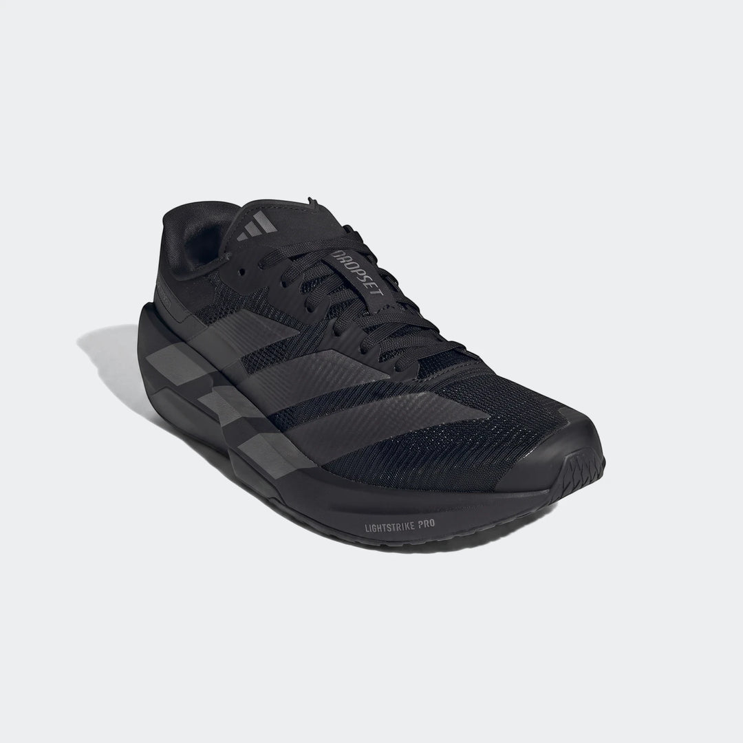 Black Adidas Adizero Dropset Pro training shoe with 'DROPSET' and 'LIGHTSTRIKE PRO' text, shown from a slightly angled view.