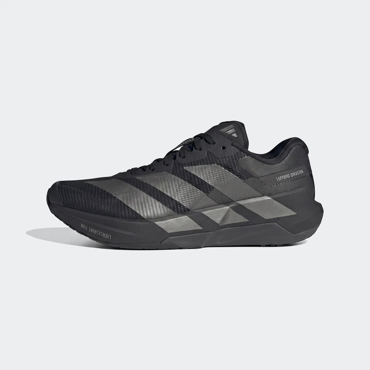 Black and gray Adidas Adizero Dropset Pro training shoe, side profile view, designed for performance.