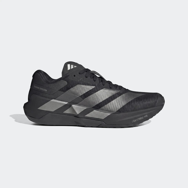 Black Adidas Adizero Dropset Pro training shoes for men, featuring silver stripes and a chunky sole, shown from the side.