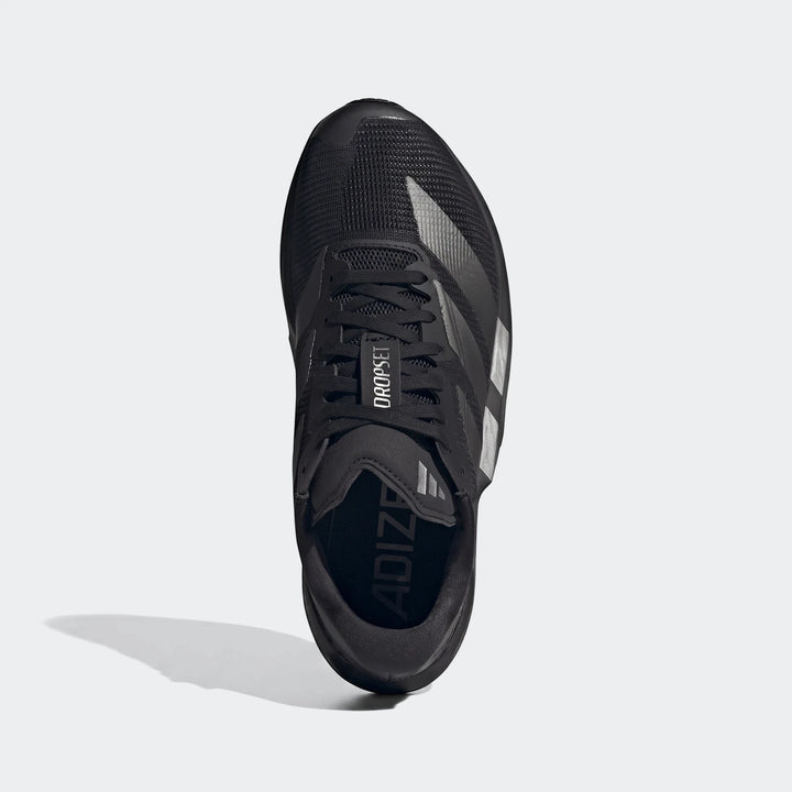 Black Adidas Adizero Dropset Pro training shoe, designed for high-performance training, shown from a top-down view.
