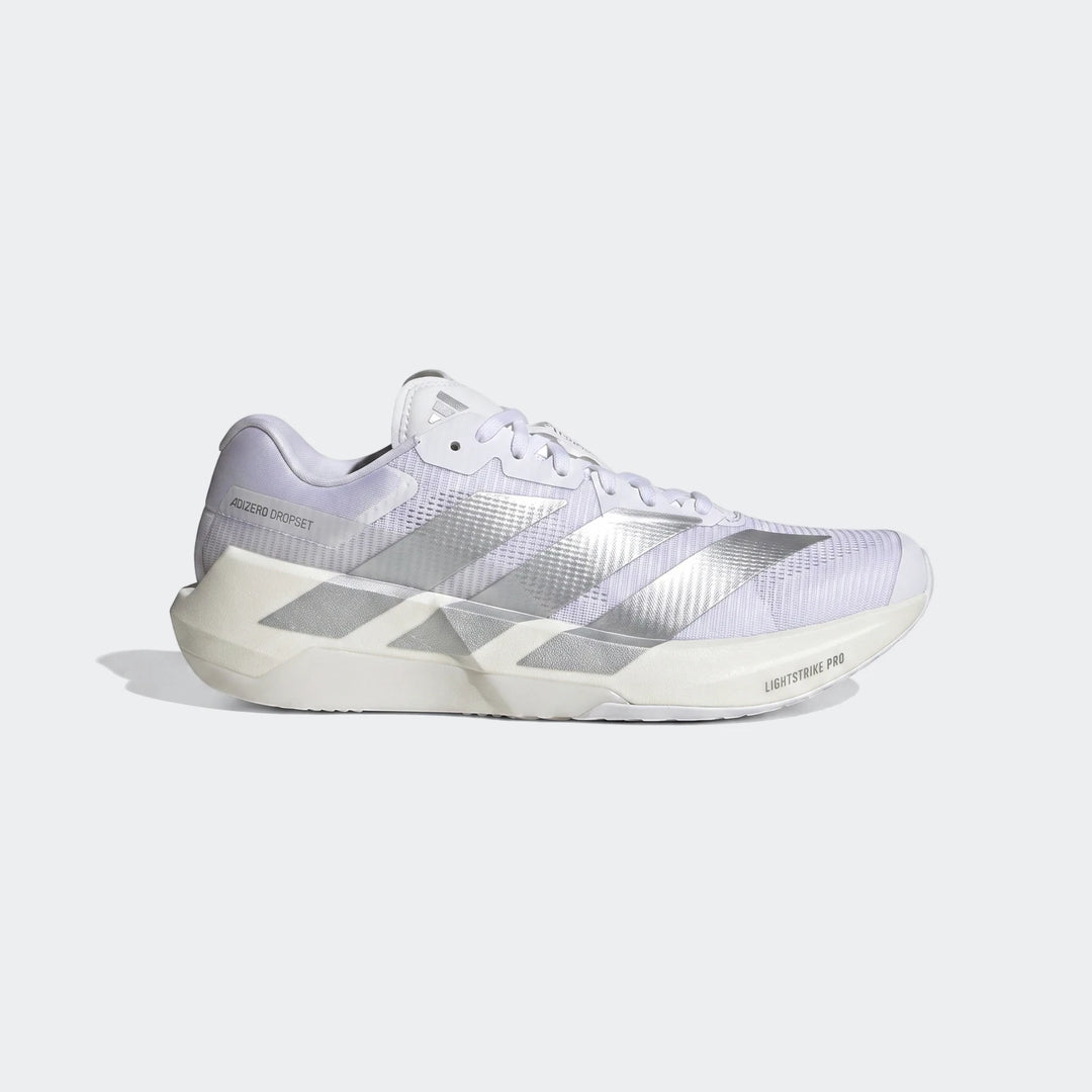 White and silver Adidas Adizero Dropset Pro training shoe, side view, showcasing its mesh upper and Lightstrike Pro midsole.