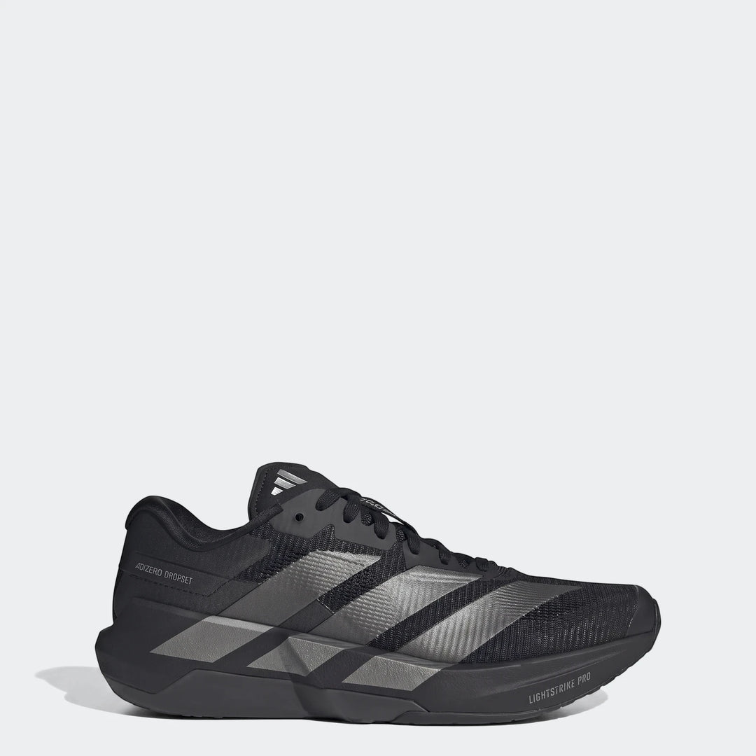Black men's Adidas Adizero Dropset Pro training shoes, featuring a mesh upper, Lightstrike Pro cushioning, and iconic