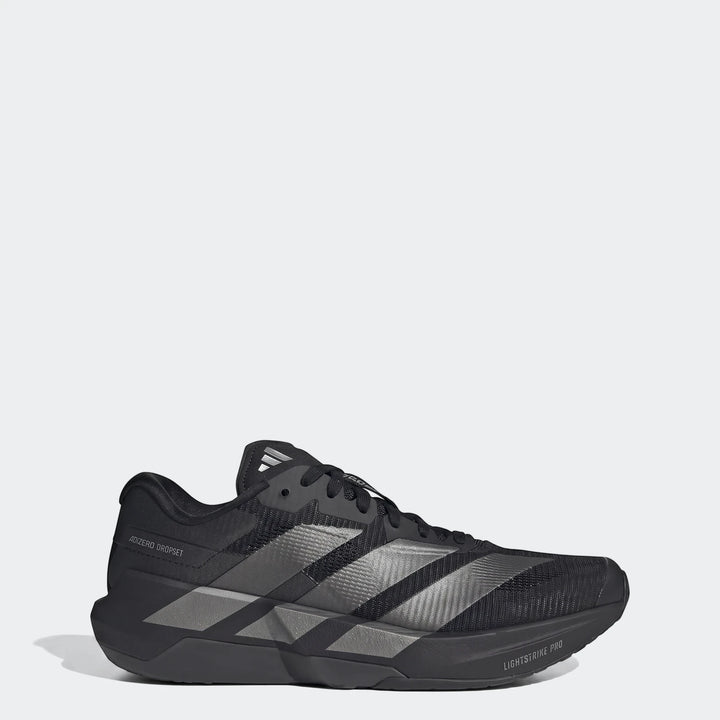 Black men's Adidas Adizero Dropset Pro training shoes, featuring a mesh upper, Lightstrike Pro cushioning, and iconic