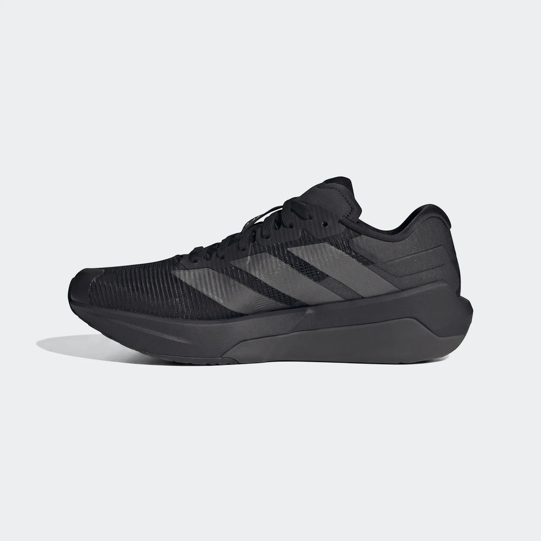 Black Adidas Adizero Dropset Pro training shoes, shown in a side view on a white background, designed for athletic