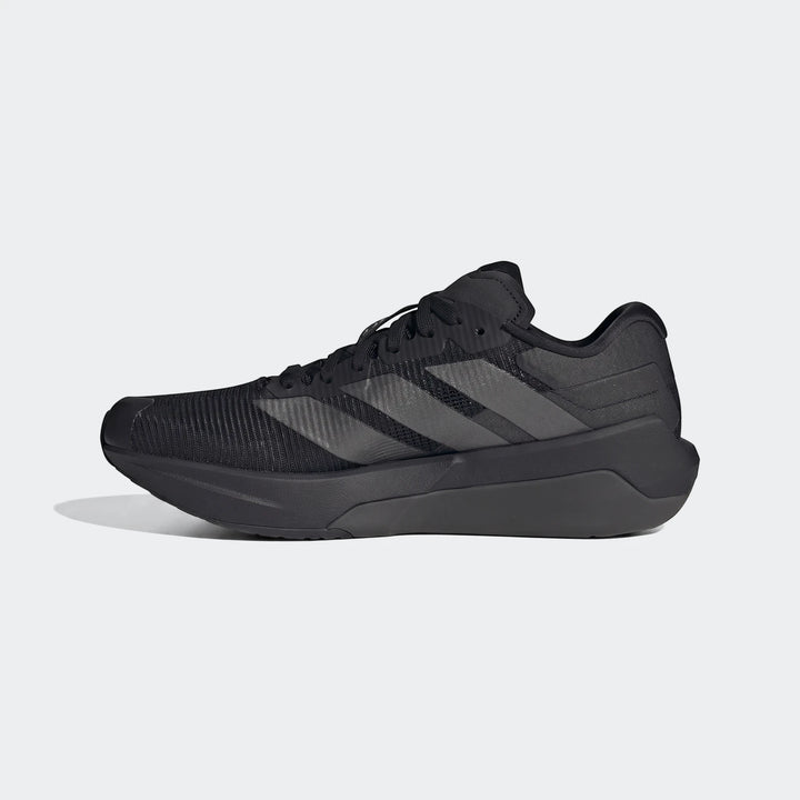 Black Adidas Adizero Dropset Pro training shoes, shown in a side view on a white background, designed for athletic