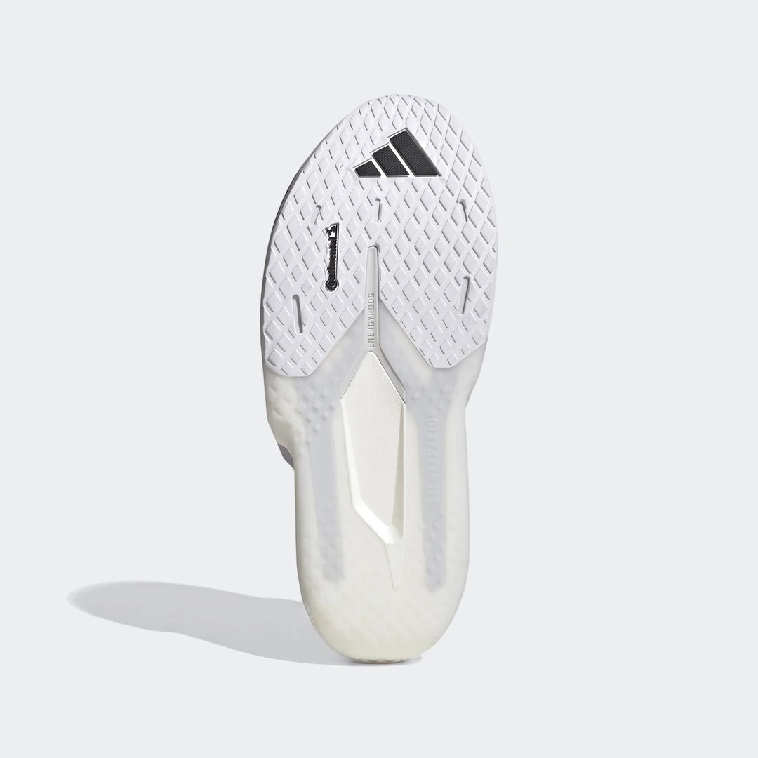Sole of Adidas Adizero Dropset Pro Training Shoes in white with black Continental outsole, Energyrods, and LightstrikePro