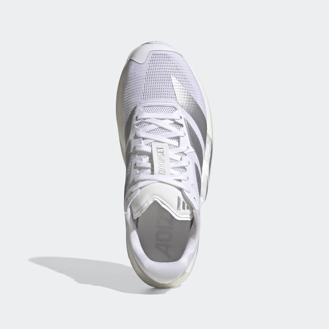Adidas Adizero Dropset Pro Training Shoes in white and silver, viewed from directly above on a clean background.