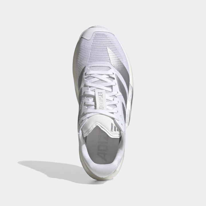 Adidas Adizero Dropset Pro Training Shoes in white and silver, viewed from directly above on a clean background.
