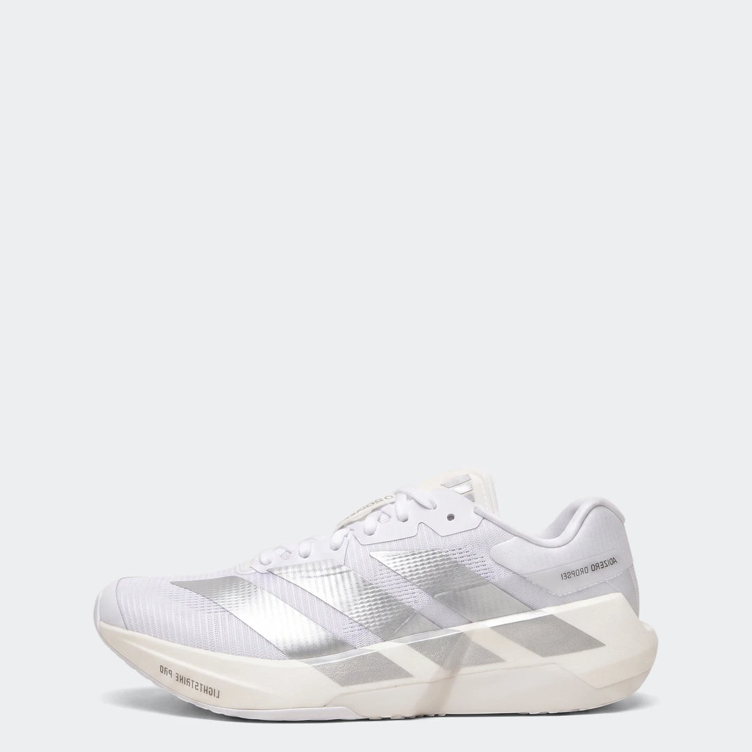 White and silver Adidas Adizero Dropset Pro training shoes in a side profile view, showcasing the mesh upper and sculpted