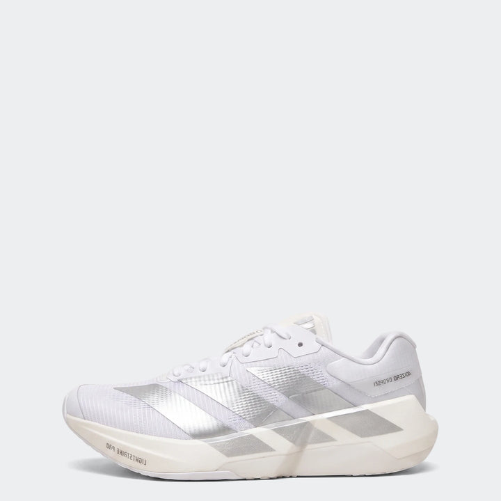 White and silver Adidas Adizero Dropset Pro training shoes in a side profile view, showcasing the mesh upper and sculpted