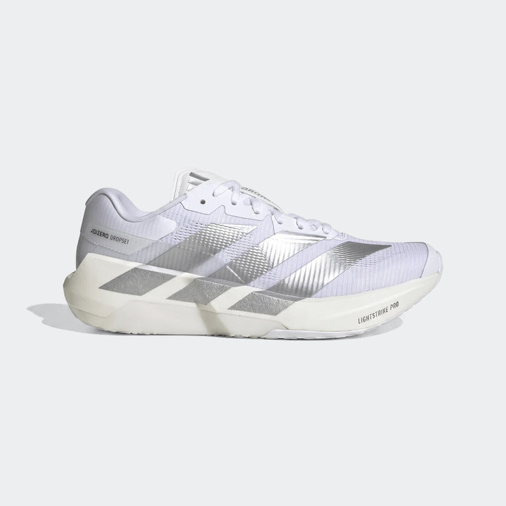 Side view of Adidas Adizero Dropset Pro Training Shoes in white and silver, featuring the iconic three-stripes design.