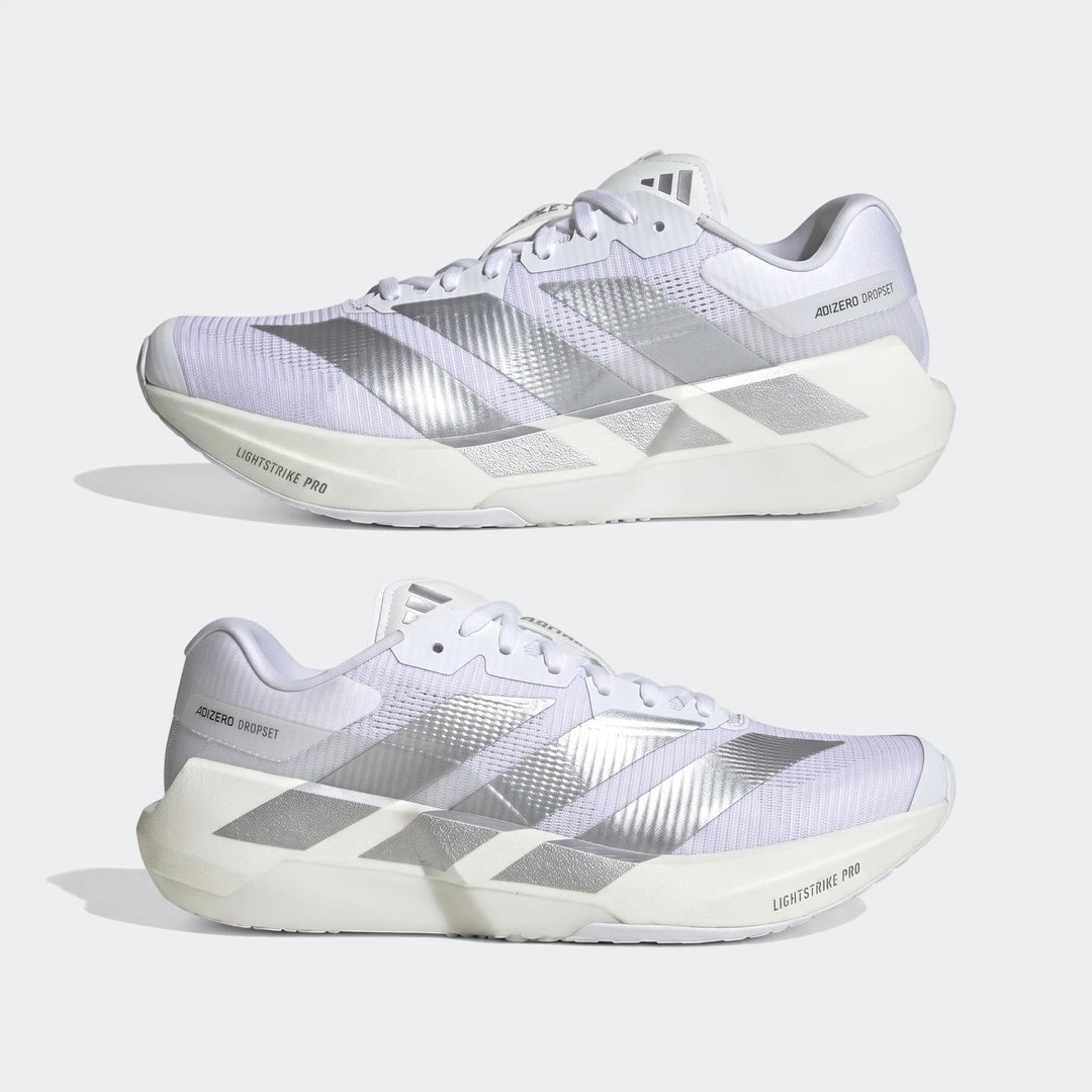 Two white and silver Adidas Adizero Dropset Pro Training Shoes displayed from a side profile view.
