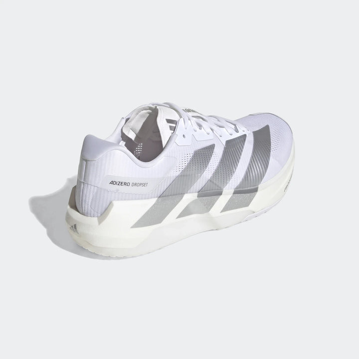 White and silver Adidas Adizero Dropset Pro men's training shoes, shown from a side-rear view, perfect for gym and workout.