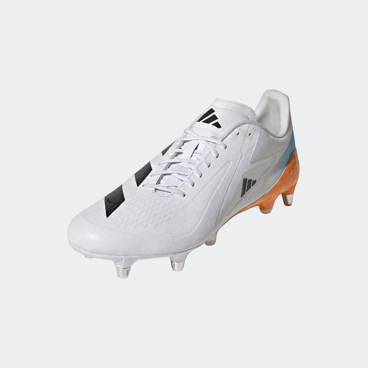 White and black Adidas Adizero Rs15 Ultimate SG Rugby Boots with orange and light blue accents, viewed from the side,