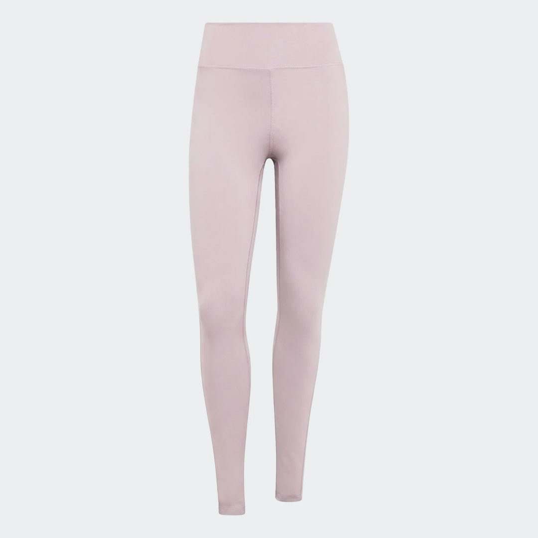 Light pink adidas All Me Essentials full-length tights for women, crafted from smooth athletic fabric, shown front view.