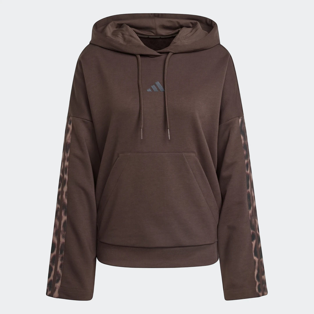 Brown All-Over Print Infill French Terry Hoodie, with leopard print sleeve stripes and an Adidas logo, shown from the front.