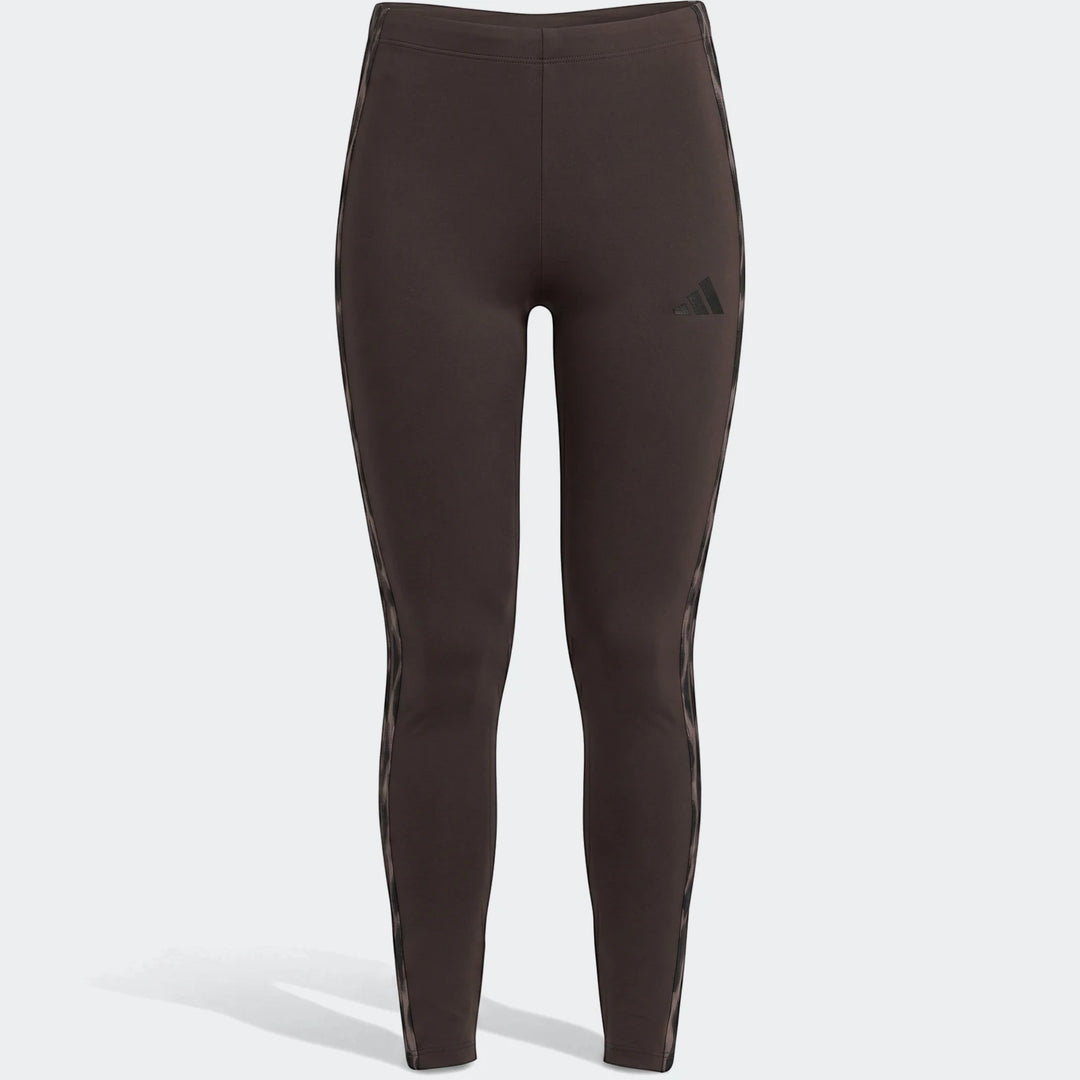 Dark brown Adidas All-Over Print Infill Leggings with black logo and patterned side stripes, front view.