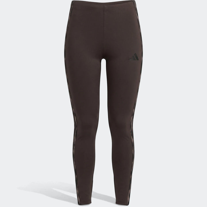 Dark brown Adidas All-Over Print Infill Leggings with black logo and patterned side stripes, front view.