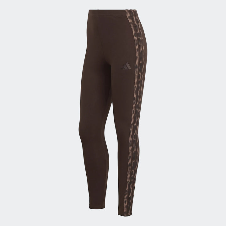 Dark brown Adidas All-Over Print Infill Leggings with three leopard print stripes down the side, shown from a front-left