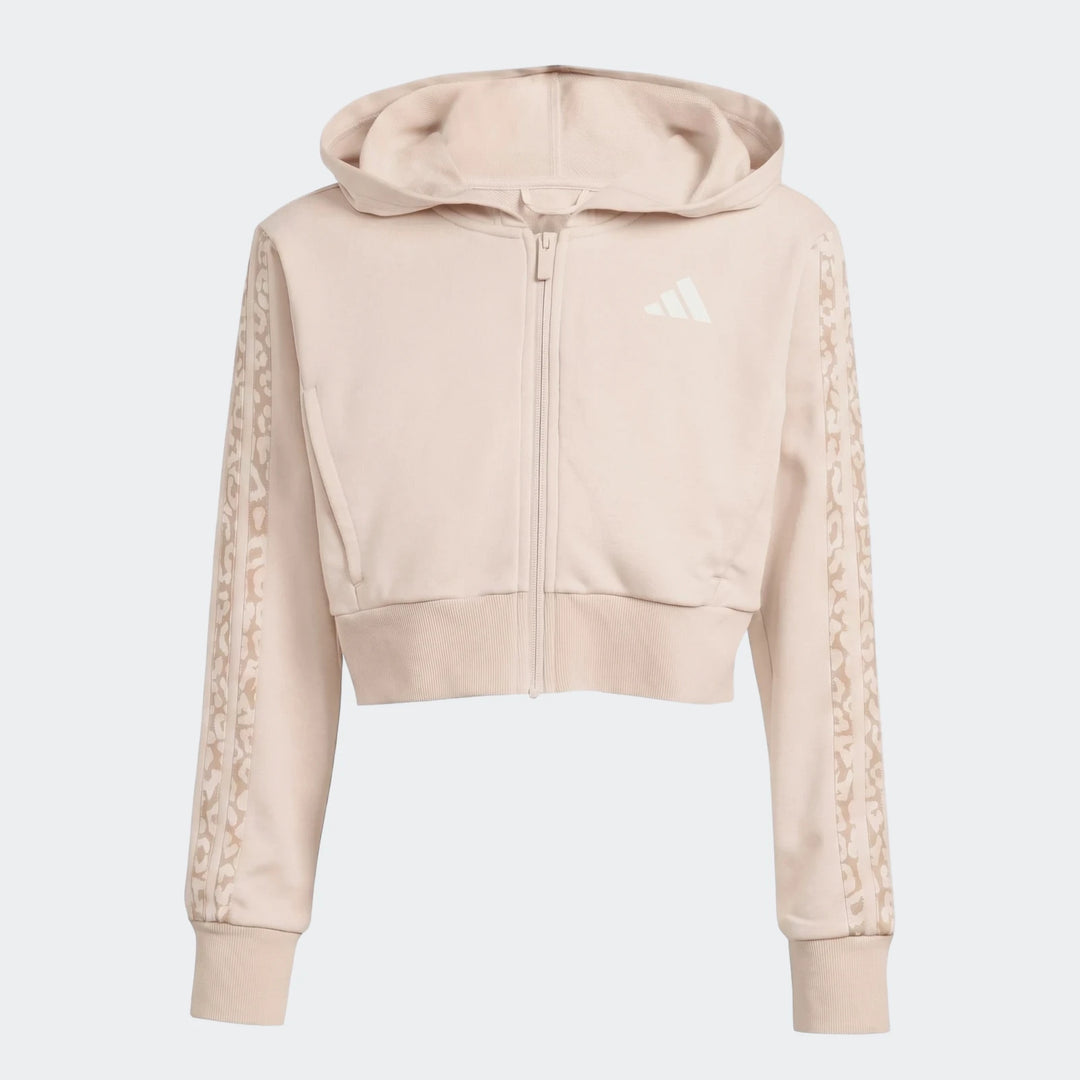 Light pink Adidas Angled 3-Stripes French Terry Full-Zip Hoodie, front view, with patterned sleeves and white logo.
