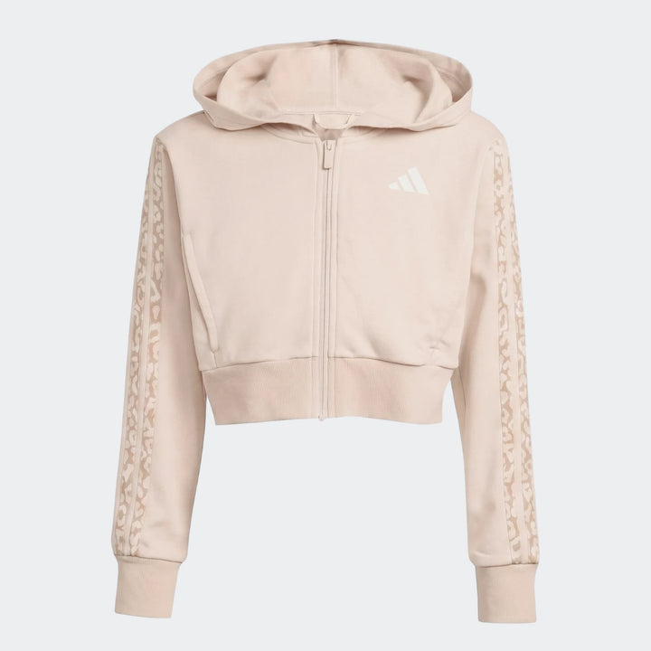 Light pink Adidas Angled 3-Stripes French Terry Full-Zip Hoodie, front view, with patterned sleeves and white logo.